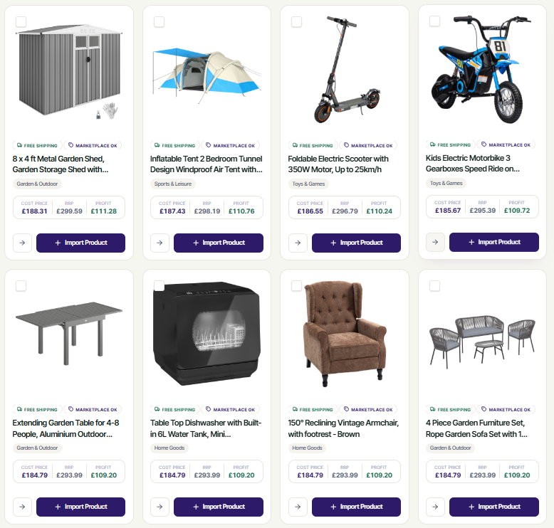 Illustrative example: DropClicker catalogue interface with UK product listings